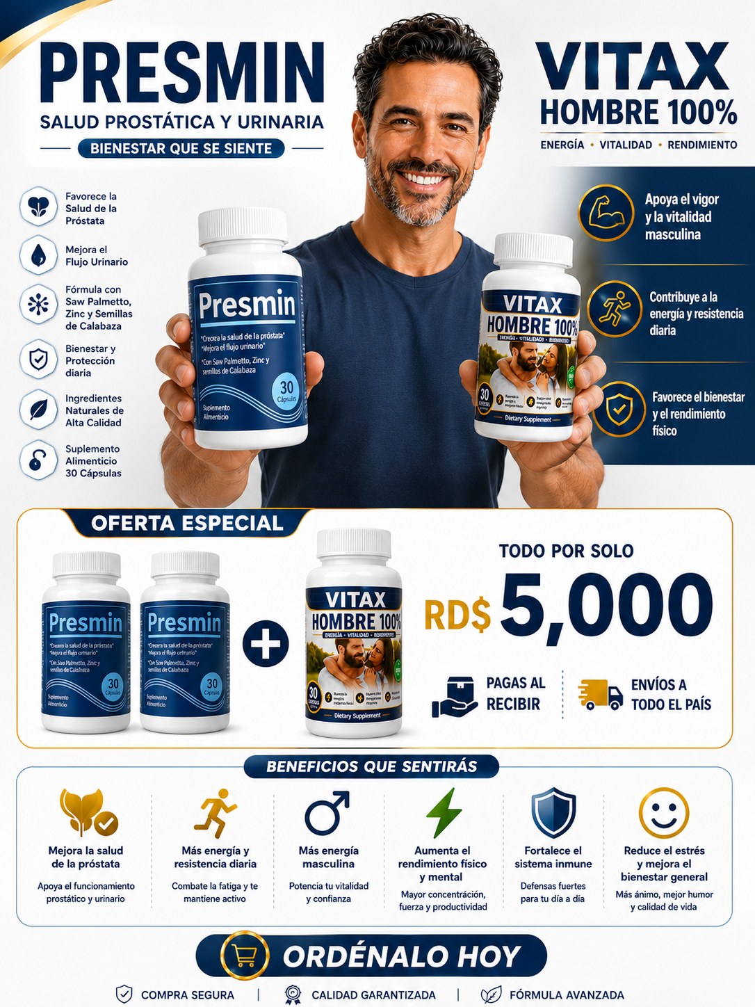 Combo 2 frascos de Presmin + Vitax Hombre 100% por RD$5,000